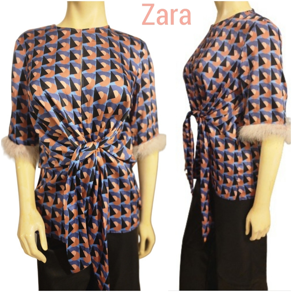 Zara Basic Top with feather mid sleeves Size Small Multicolor NWT